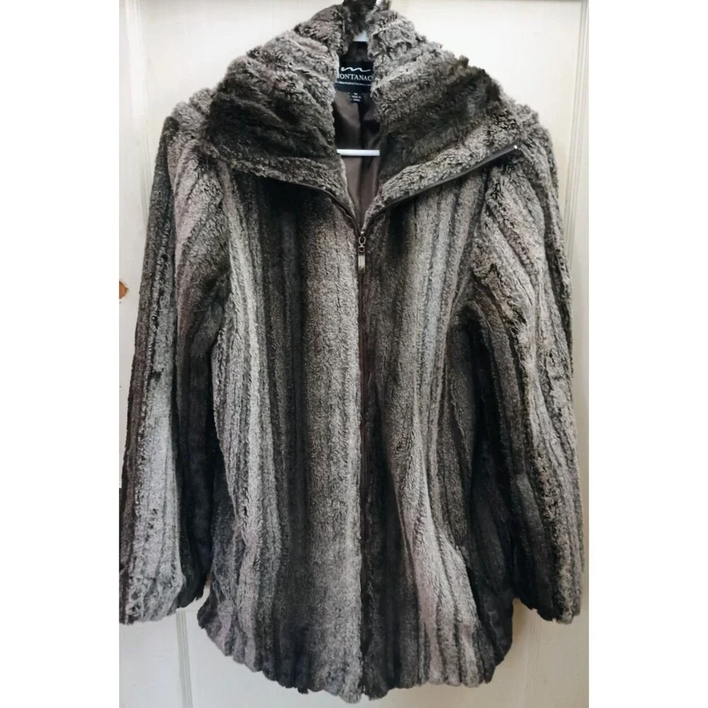 Montanaco Gray Faux Fur Zip Jacket Coat Women's Medium